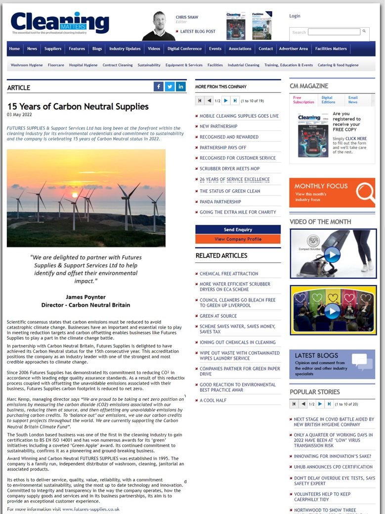 15 Years of Carbon Neutral Supplies - Cleaning Matters