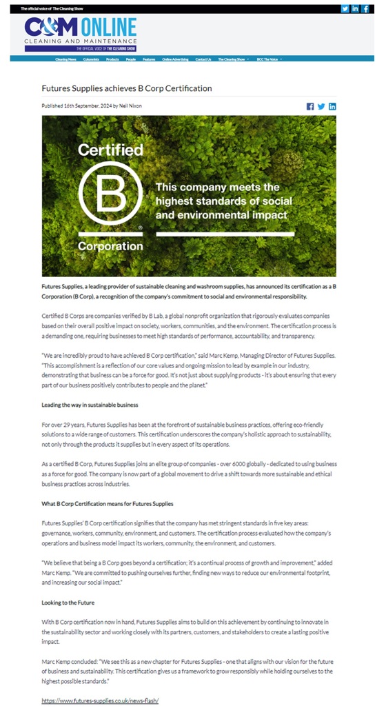 Futures Supplies Achieves B Corp Certification - C&M