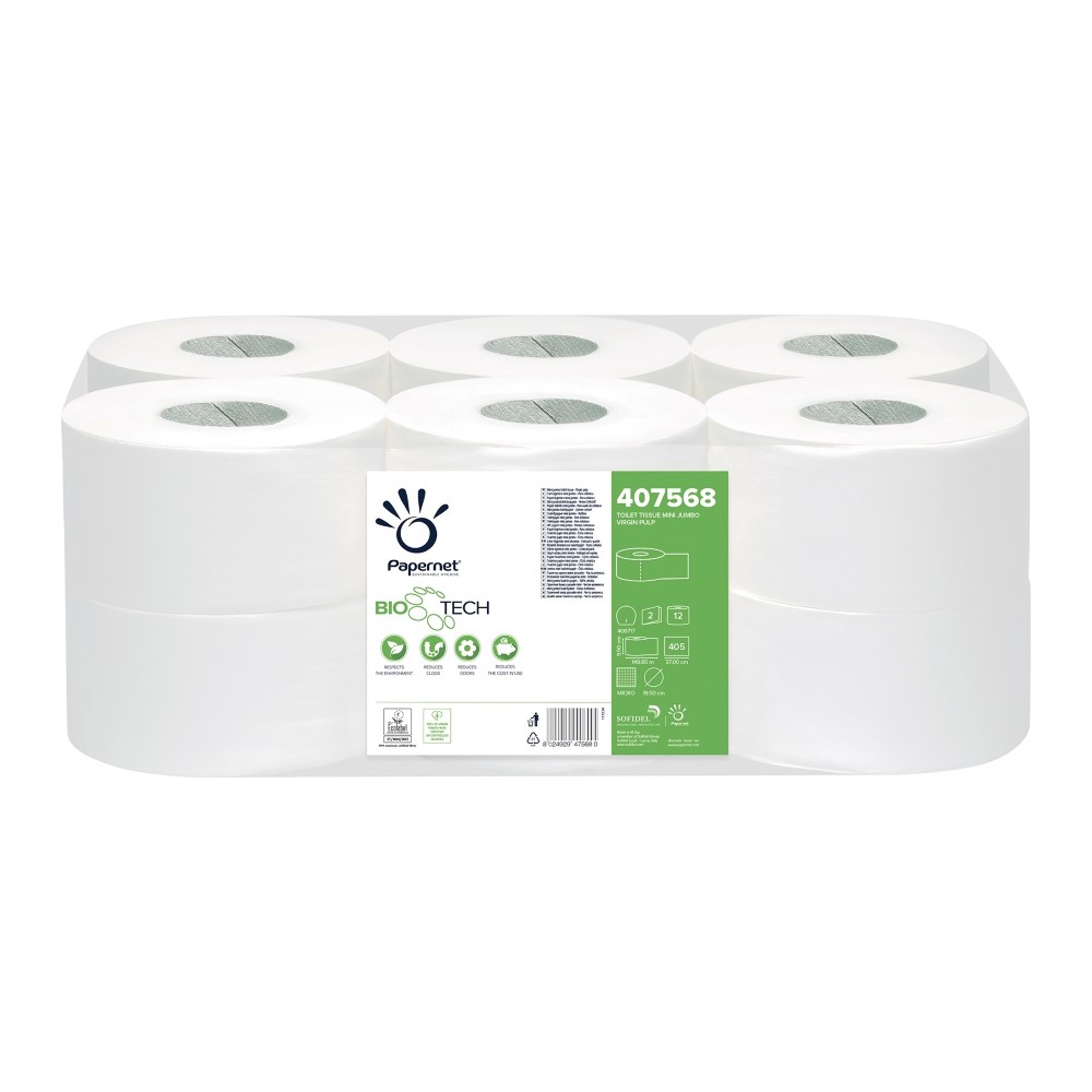 Bio Tech Mini Jumbo Toilet Roll 2ply 150m 76mm Core - 405 Sheet - Anti Clog