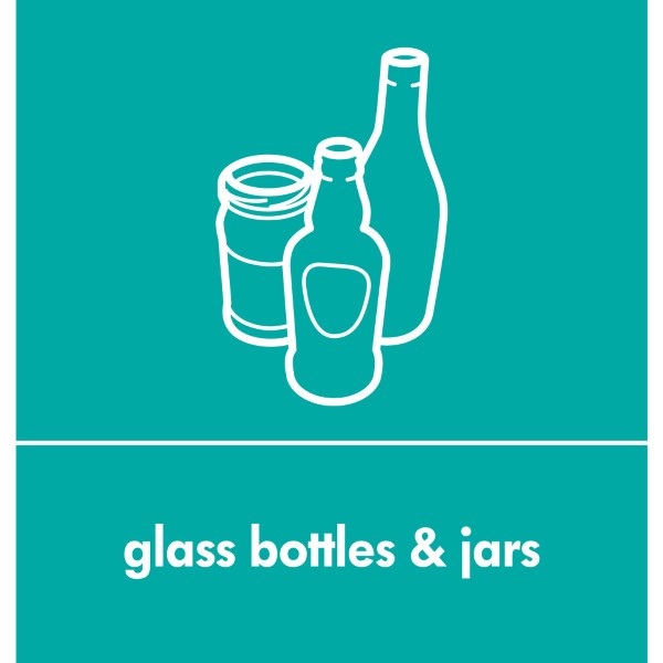 Click for a bigger picture.Recycling Sticker Teal Glass Bottles Jars